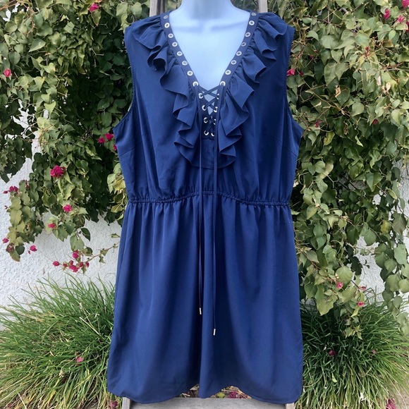 VENUS NAVY RUFFLE LACE UP MINI DRESS - Picture 3 of 8